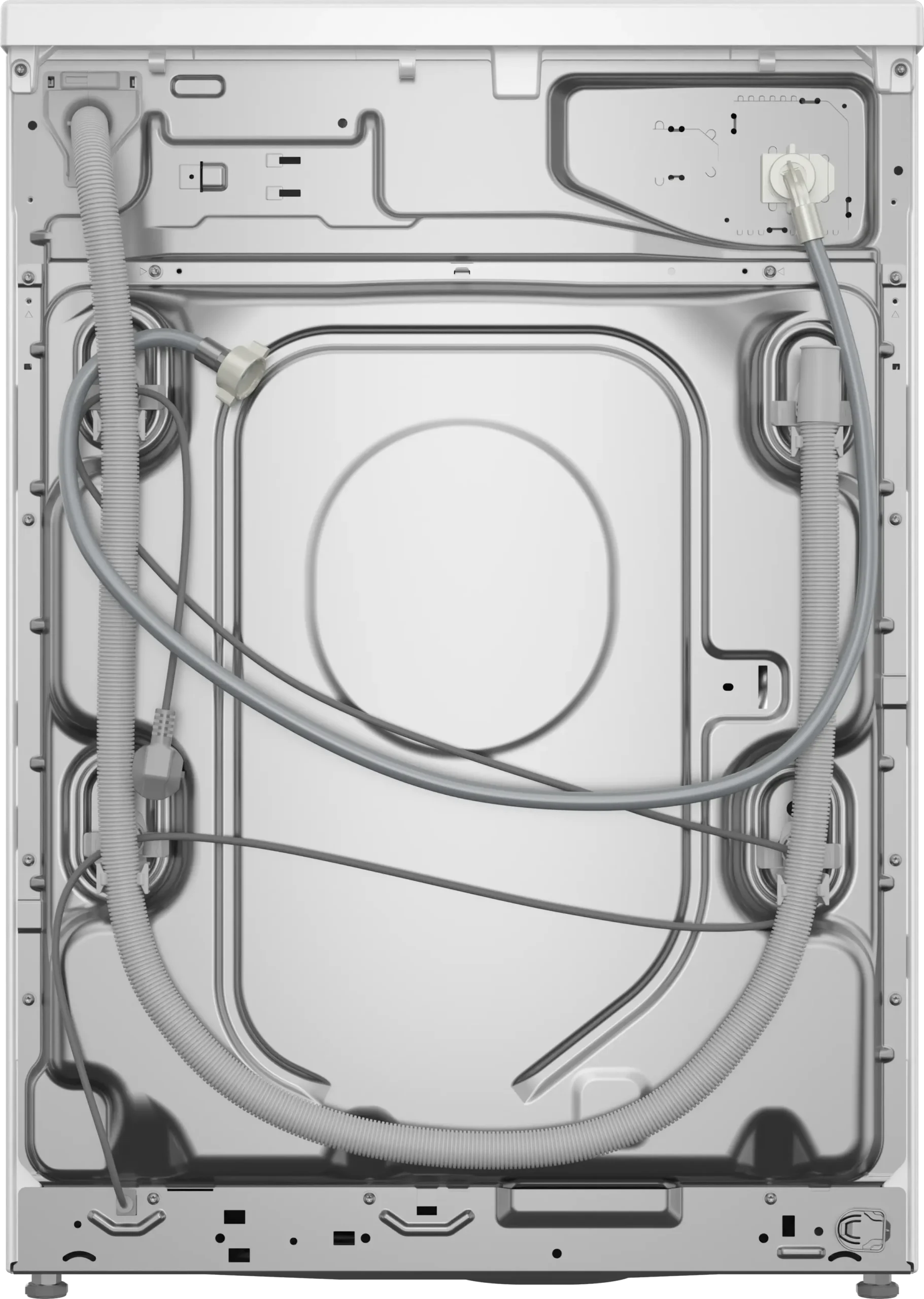 Vue arrière du lave-linge BOSCH WGG254FAFR (Copie), montrant les tuyaux, les câbles et les panneaux métalliques.
