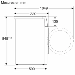 Schéma technique de l'appareil BOSCH WGG254FAFR (Copie) avec les mesures en mm : 845 de haut, 590 de large, 1049 de profondeur, plus d'autres dimensions étiquetées.