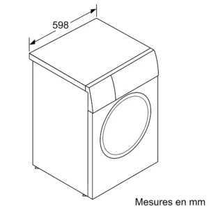 Dessin au trait d'un lave-linge BOSCH WGG254FAFR (Copie) dont la largeur est indiquée comme étant de 598 mm ; le texte indique "Mesures en mm.