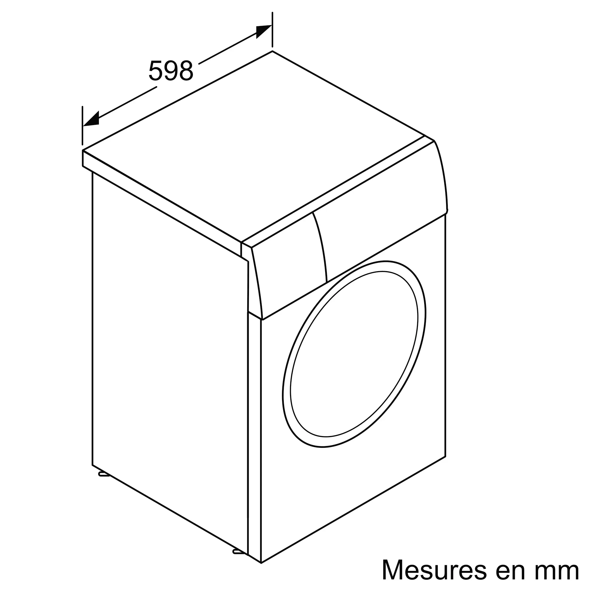 Dessin au trait d'un lave-linge BOSCH WGG254FAFR (Copie) dont la largeur est indiquée comme étant de 598 mm ; le texte indique "Mesures en mm.