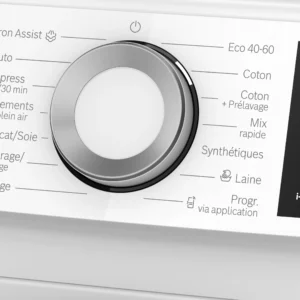 Gros plan du panneau de commande d'un lave-linge BOSCH WGG254FAFR (Copie), avec des options de cycle français et un cadran rotatif central.