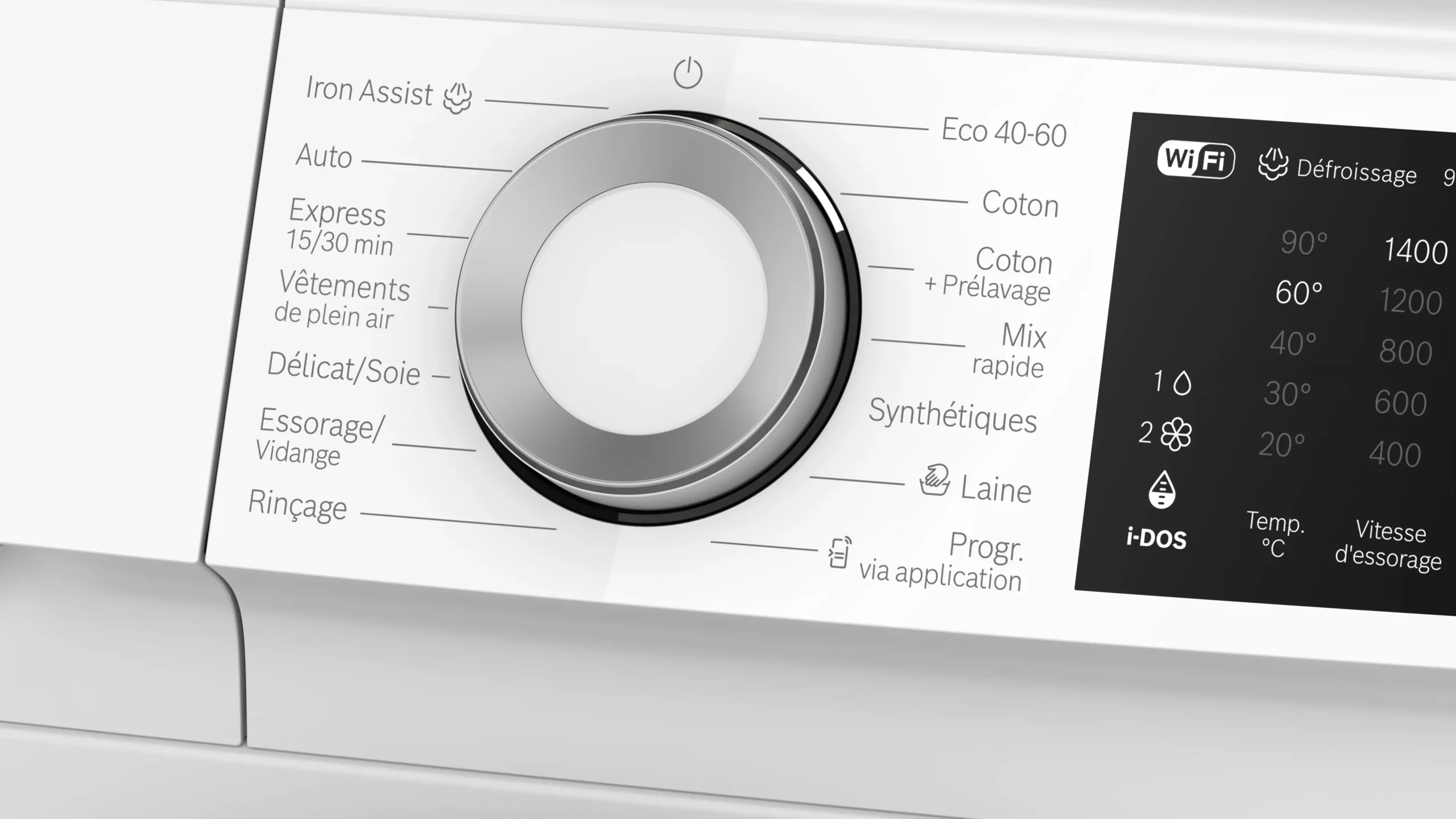 Gros plan du panneau de commande d'un lave-linge BOSCH WGG254FAFR (Copie), avec des options de cycle français et un cadran rotatif central.