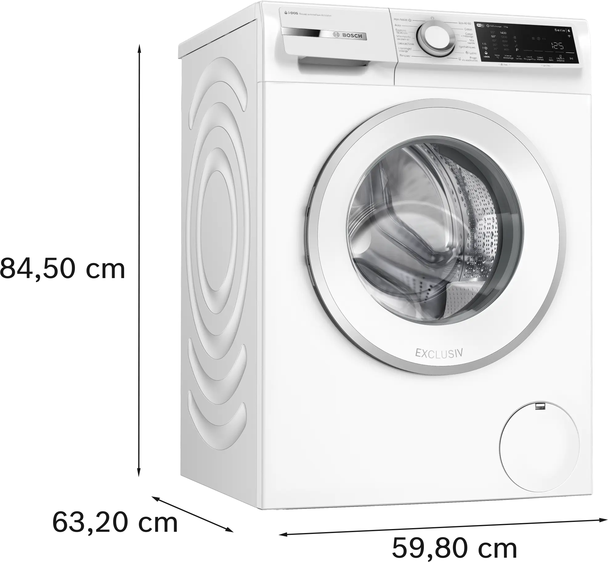Le BOSCH WGG254FAFR (Copie) est un lave-linge blanc à chargement frontal, mesurant 84,5 cm de hauteur, 63,2 cm de profondeur et 59,8 cm de largeur - idéal pour des performances fiables et un look élégant dans votre espace de lavage.
