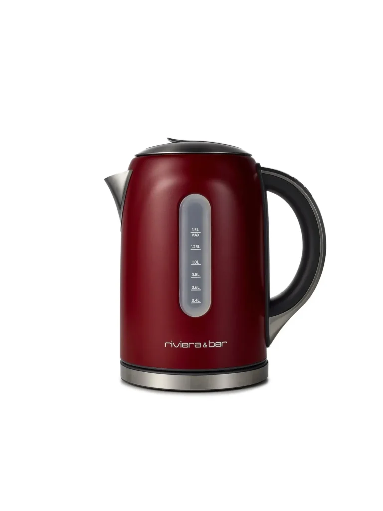 La RIVIERA & BAR BBT577 est une bouilloire électrique rouge dotée d'une poignée noire, d'un indicateur de niveau d'eau et du logo "riviera & bar" à la base - offrant à la fois qualité et style.