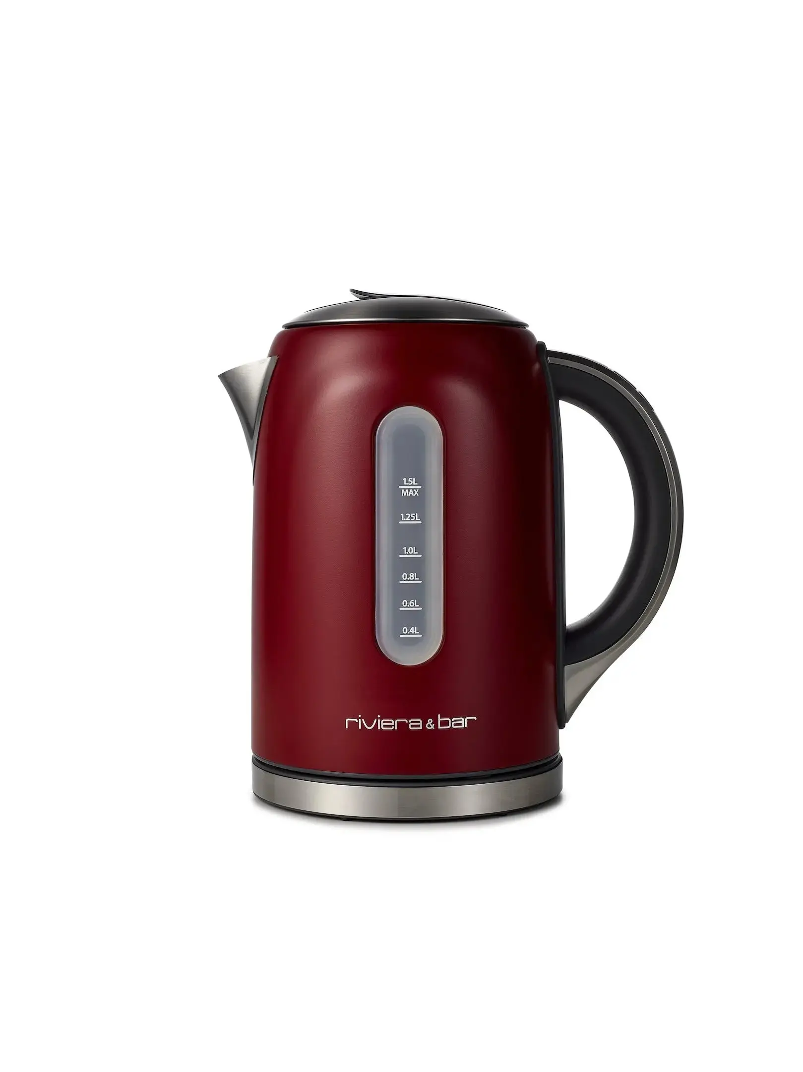La RIVIERA & BAR BBT577 est une bouilloire électrique rouge dotée d'une poignée noire, d'un indicateur de niveau d'eau et du logo "riviera & bar" à la base - offrant à la fois qualité et style.