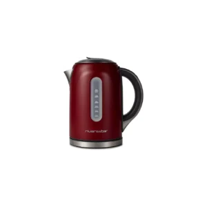 La RIVIERA & BAR BBT577 est une bouilloire électrique rouge avec une poignée noire et un indicateur de niveau d'eau, sur fond blanc.