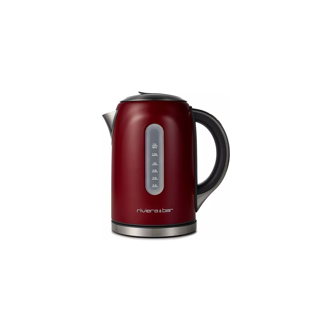 La RIVIERA & BAR BBT577 est une bouilloire électrique rouge avec une poignée noire et un indicateur de niveau d'eau, sur fond blanc.