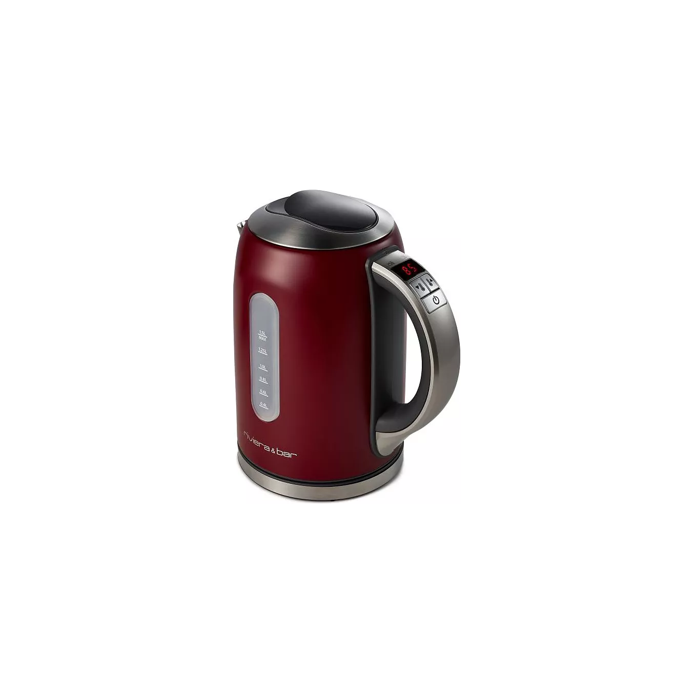 La RIVIERA & BAR BBT577 est une bouilloire électrique rouge dotée d'un affichage numérique sur la poignée, sur fond blanc.