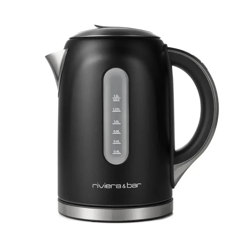 La RIVIERA & BAR BBT577 (Copie) est une bouilloire électrique noire dotée d'un indicateur de niveau d'eau et d'une poignée.
