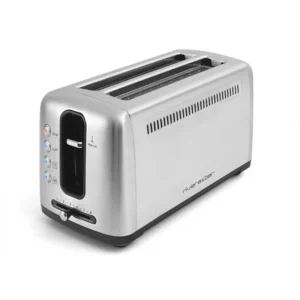 Le riviere est un grille-pain à deux tranches en acier inoxydable doté de boutons frontaux et d'une molette de contrôle du brunissement.