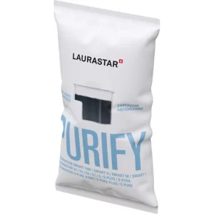Emballage de cartouches filtrantes LAURASTAR CARTOUCHE SMART PACK DE 3, de couleur blanche, portant l'inscription "PURIFY" en bleu sur le devant ; emballage triple pratique.