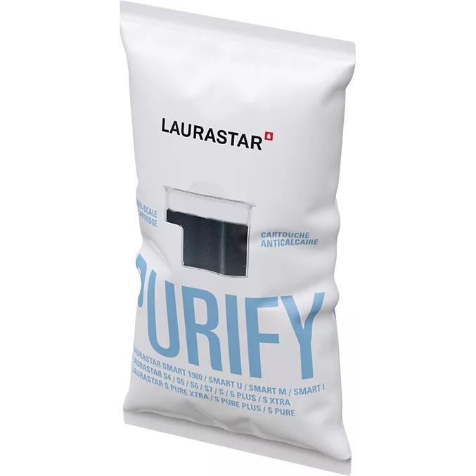 Emballage de cartouches filtrantes LAURASTAR CARTOUCHE SMART PACK DE 3, de couleur blanche, portant l'inscription "PURIFY" en bleu sur le devant ; emballage triple pratique.