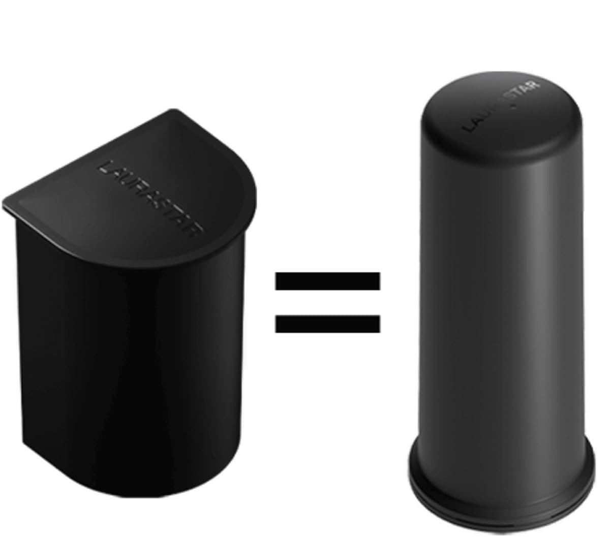 Deux objets en plastique noir étiquetés "LANTAC" avec un signe égal entre eux, semblables au LAURASTAR CARTOUCHE LIFT PACK DE 3.