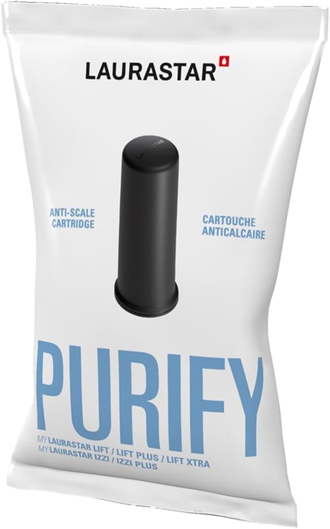 LAURASTAR CARTOUCHE LIFT PACK DE 3 : cartouches anticalcaires noires, texte bleu "Purify" sur l'emballage, paquet pratique de trois.