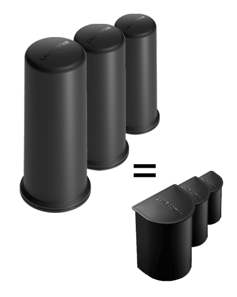 Trois conteneurs cylindriques LAURASTAR CARTOUCHE LIFT PACK DE 3 noirs sont présentés comme équivalents à trois conteneurs rectangulaires noirs.