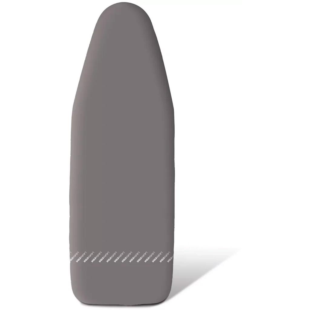 Une planche à repasser LAURASTAR By BOSS UNIVERSAL COVER NOIRE avec une housse universelle de couleur grise avec un petit motif rayé blanc en bas.