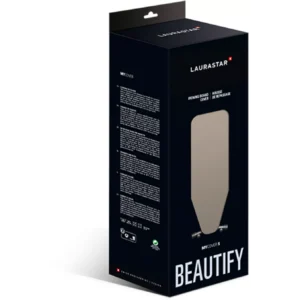L'emballage de la housse de planche à repasser LAURASTAR By BOSS UNIVERSAL COVER NOIRE présente une image du produit et un texte multilingue sur la boîte.
