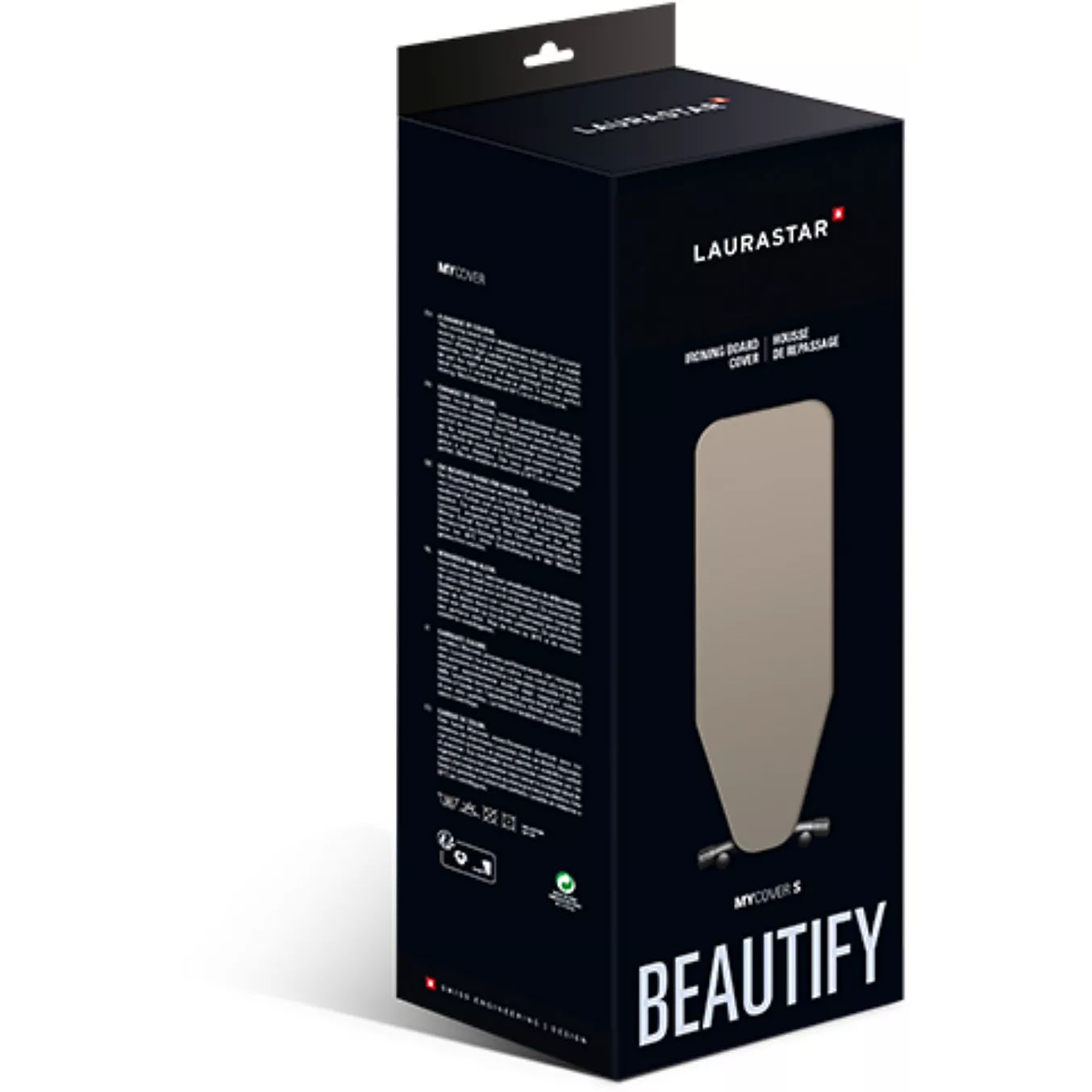 L'emballage de la housse de planche à repasser LAURASTAR By BOSS UNIVERSAL COVER NOIRE présente une image du produit et un texte multilingue sur la boîte.