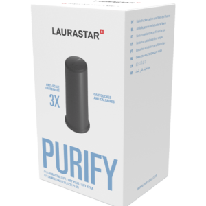 Un boîtier LAURASTAR blanc marqué "Purifier" en bleu présente la cartouche antitartre CARTOUCHE LIFT. Le PACK DE 3 assure une performance optimale de votre système LAURASTAR.