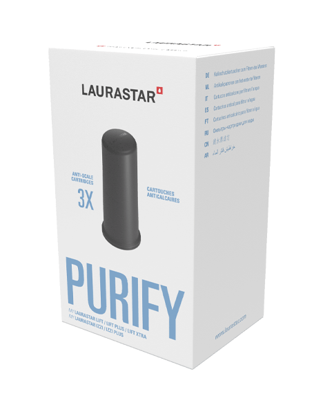 Un boîtier LAURASTAR blanc marqué "Purifier" en bleu présente la cartouche antitartre CARTOUCHE LIFT. Le PACK DE 3 assure une performance optimale de votre système LAURASTAR.