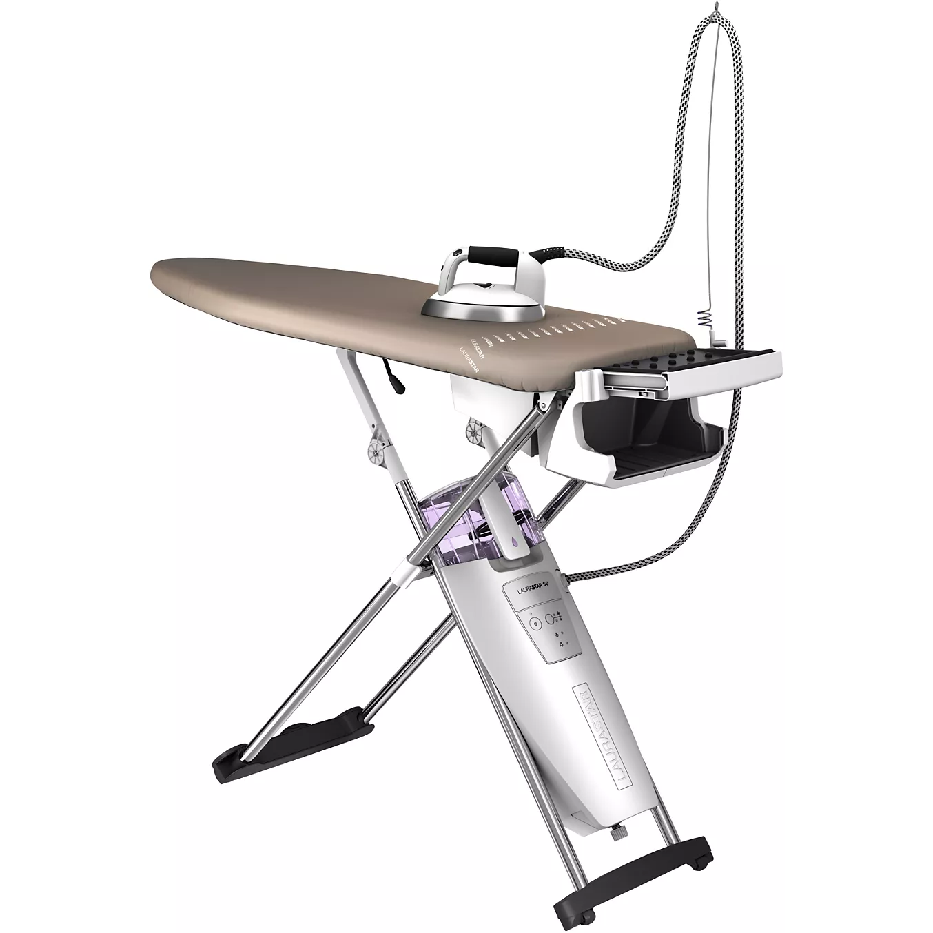 La LAURASTAR By BOSS UNIVERSAL COVER NOIRE est une planche à repasser moderne dotée d'une housse universelle, d'un fer à vapeur intégré et d'un espace de rangement intégré - idéale pour obtenir des résultats professionnels.