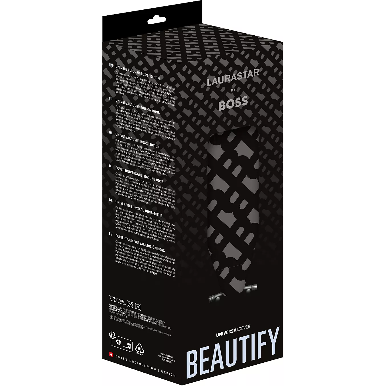 Le LAURASTAR By BOSS UNIVERSAL COVER NOIRE se caractérise par un texte blanc audacieux et un motif géométrique frappant, qui rehaussent l'élégance de son emballage.