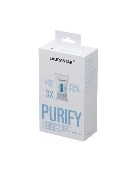 LAURASTAR RECHARGE GRANULÉS PACK DE 3, cartouches filtrantes antitartre dans un emballage blanc avec texte bleu et gris.