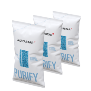 PACK DE 3 RECHARGES LAURASTAR RECHARGE GRANULÉS : trois sacs anti-calcaire Purify au design bleu, emballés dans un pack blanc.