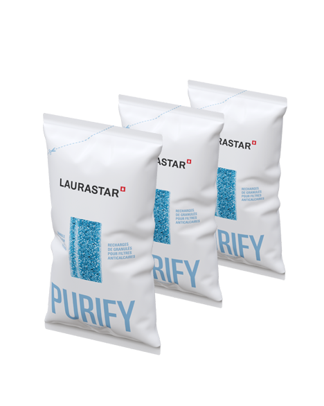 PACK DE 3 RECHARGES LAURASTAR RECHARGE GRANULÉS : trois sacs anti-calcaire Purify au design bleu, emballés dans un pack blanc.