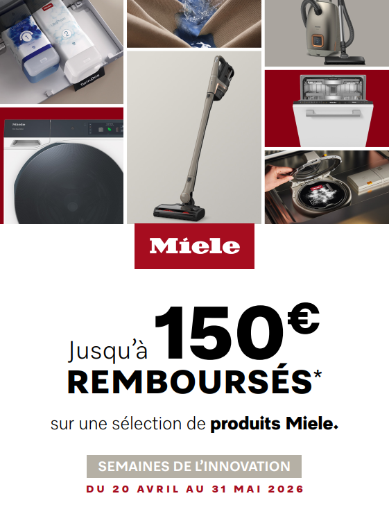 Collage d'appareils électroménagers MIELE avec texte promotionnel offrant jusqu'à 150€ de cashback (ODR) sur une sélection de produits PEM.