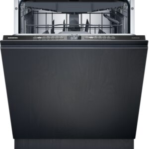 Un lave-vaisselle SIEMENS SN63E800VE noir avec la porte partiellement ouverte, montrant le panier supérieur et un panneau de commande moderne.