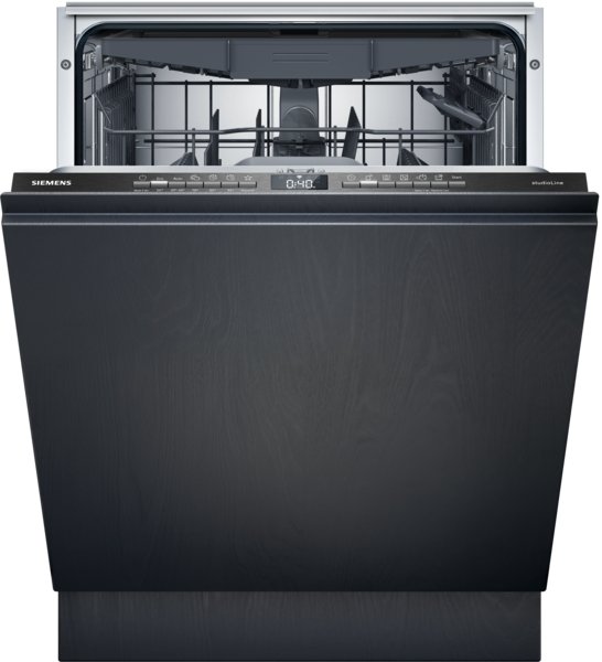 Un lave-vaisselle SIEMENS SN63E800VE noir avec la porte partiellement ouverte, montrant le panier supérieur et un panneau de commande moderne.
