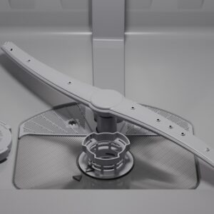 Gros plan de la base intérieure du lave-vaisselle SIEMENS SN63E800VE, mettant en évidence le bras d'aspersion et la zone d'évacuation.