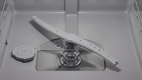 Gros plan de la base intérieure du lave-vaisselle SIEMENS SN63E800VE, mettant en évidence le bras d'aspersion et la zone d'évacuation.