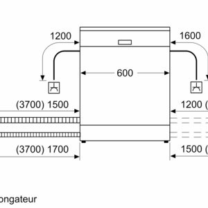Schéma du lave-vaisselle SIEMENS SN63E800VE indiquant les longueurs des tuyaux et des câbles en millimètres, avec les valeurs d'extension indiquées entre parenthèses.