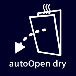 Une icône d'ouverture de porte avec de la vapeur et une flèche en pointillé, étiquetée "autoOpen dry", sur un fond sombre - présentant la fonction du lave-vaisselle SIEMENS SN63E800VE.