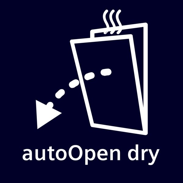 Une icône d'ouverture de porte avec de la vapeur et une flèche en pointillé, étiquetée "autoOpen dry", sur un fond sombre - présentant la fonction du lave-vaisselle SIEMENS SN63E800VE.