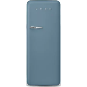 Le SMEG FAB28RSBM6 est un réfrigérateur bleu de style rétro, doté d'une seule porte et d'une poignée chromée, présenté à la verticale sur fond blanc.