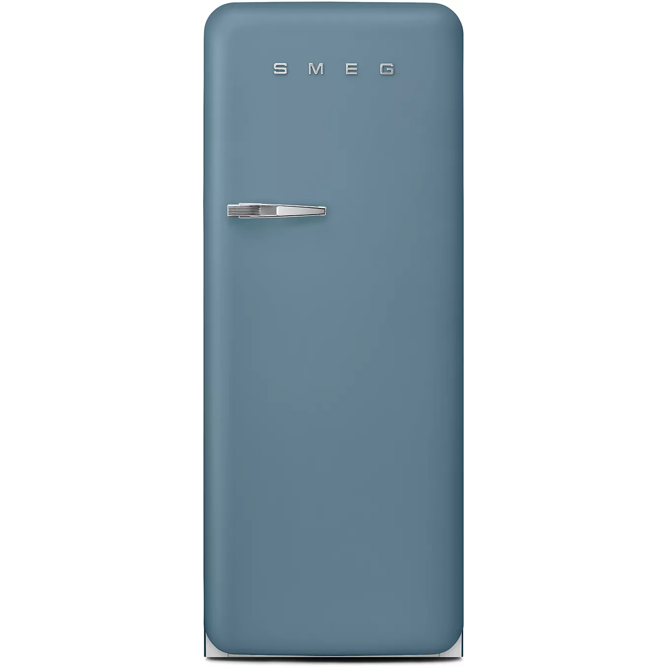 Le SMEG FAB28RSBM6 est un réfrigérateur bleu de style rétro, doté d'une seule porte et d'une poignée chromée, présenté à la verticale sur fond blanc.