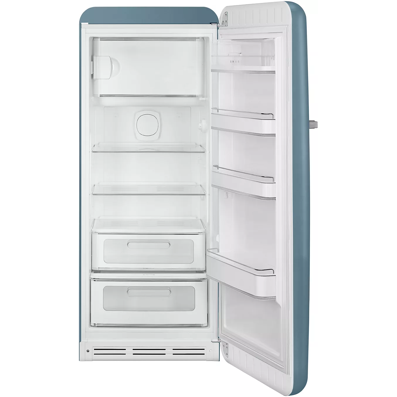 Le réfrigérateur SMEG FAB28RSBM6 de style rétro est montré ouvert de l'avant, avec des étagères, des tiroirs et des compartiments de porte vides.