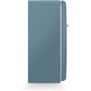 Vue latérale du réfrigérateur SMEG FAB28RSBM6 de couleur bleue avec une poignée argentée, sur fond blanc.