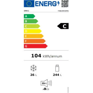 Le SMEG FAB28RSBM6 est classé C par l'UE, consomme 104 kWh/an et offre une capacité de congélation de 26 litres et de réfrigération de 244 litres, ainsi qu'un fonctionnement silencieux de seulement 35 dB.