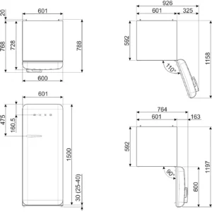 Dessin technique du SMEG FAB28RSBM6, illustrant les vues détaillées de face, de côté et de dessus avec les dimensions exactes en millimètres.