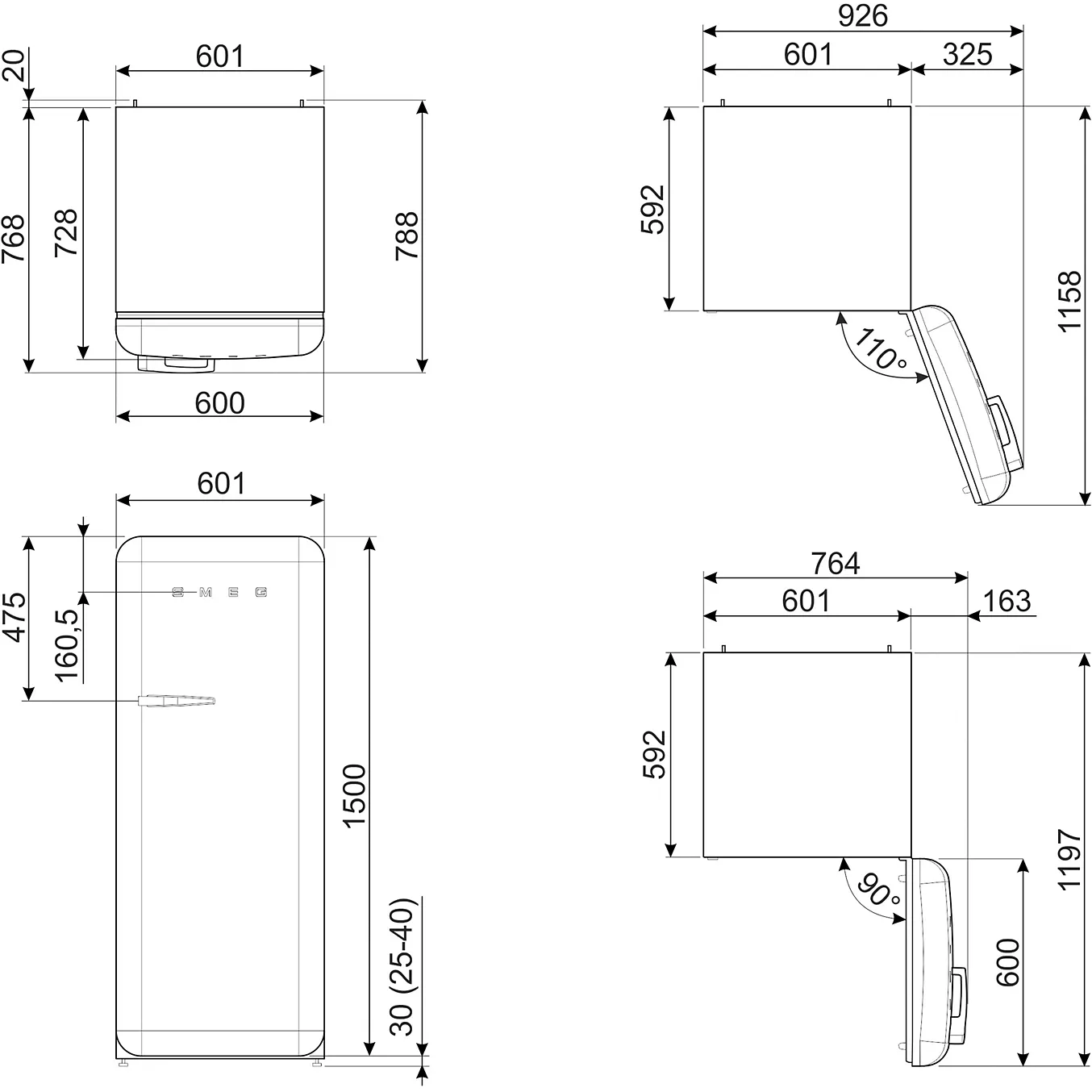 Dessin technique du SMEG FAB28RSBM6, illustrant les vues détaillées de face, de côté et de dessus avec les dimensions exactes en millimètres.