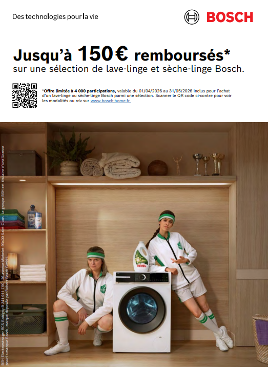 Deux personnes en tenue de tennis posent à côté d'un lave-linge et d'un sèche-linge ODR BOSCH dans une buanderie moderne.