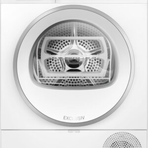 Vue de face d'un sèche-linge blanc BOSCH WQJ avec une porte transparente et un panneau de commande supérieur.