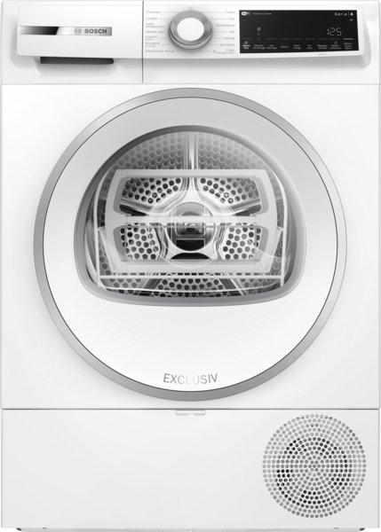 Vue de face d'un sèche-linge blanc BOSCH WQJ avec une porte transparente et un panneau de commande supérieur.