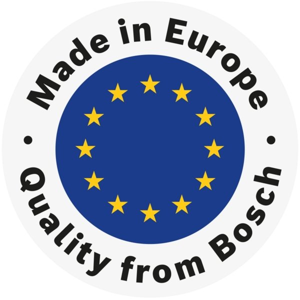Un badge circulaire avec des étoiles de l'UE et le texte : "Made in Europe, Quality from BOSCH WQJ.