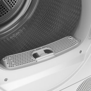 Gros plan de l'intérieur d'un sèche-linge BOSCH WQJ avec la porte ouverte, mettant en évidence le filtre à peluches et le tambour.
