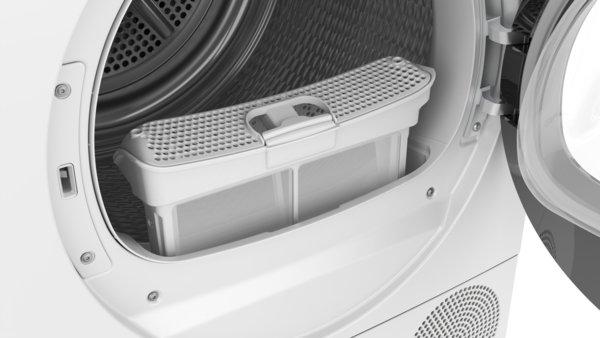 Ouvrez la porte du sèche-linge BOSCH WQJ2320MFR en montrant le filtre à peluches amovible à l'intérieur du tambour.